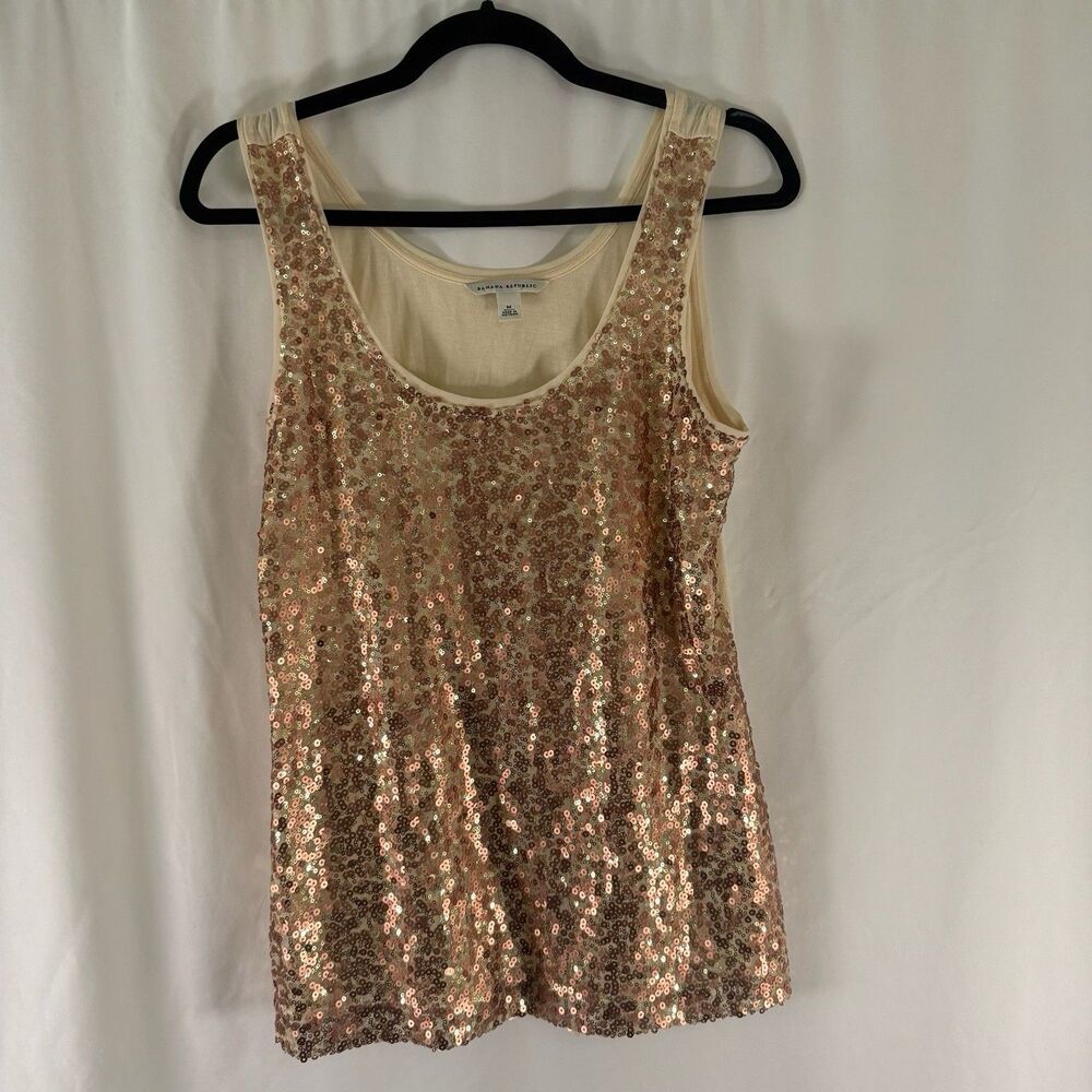 Banana Republic Sequin Tank Top Women's Medium Gold Beige Lined Sleeveless